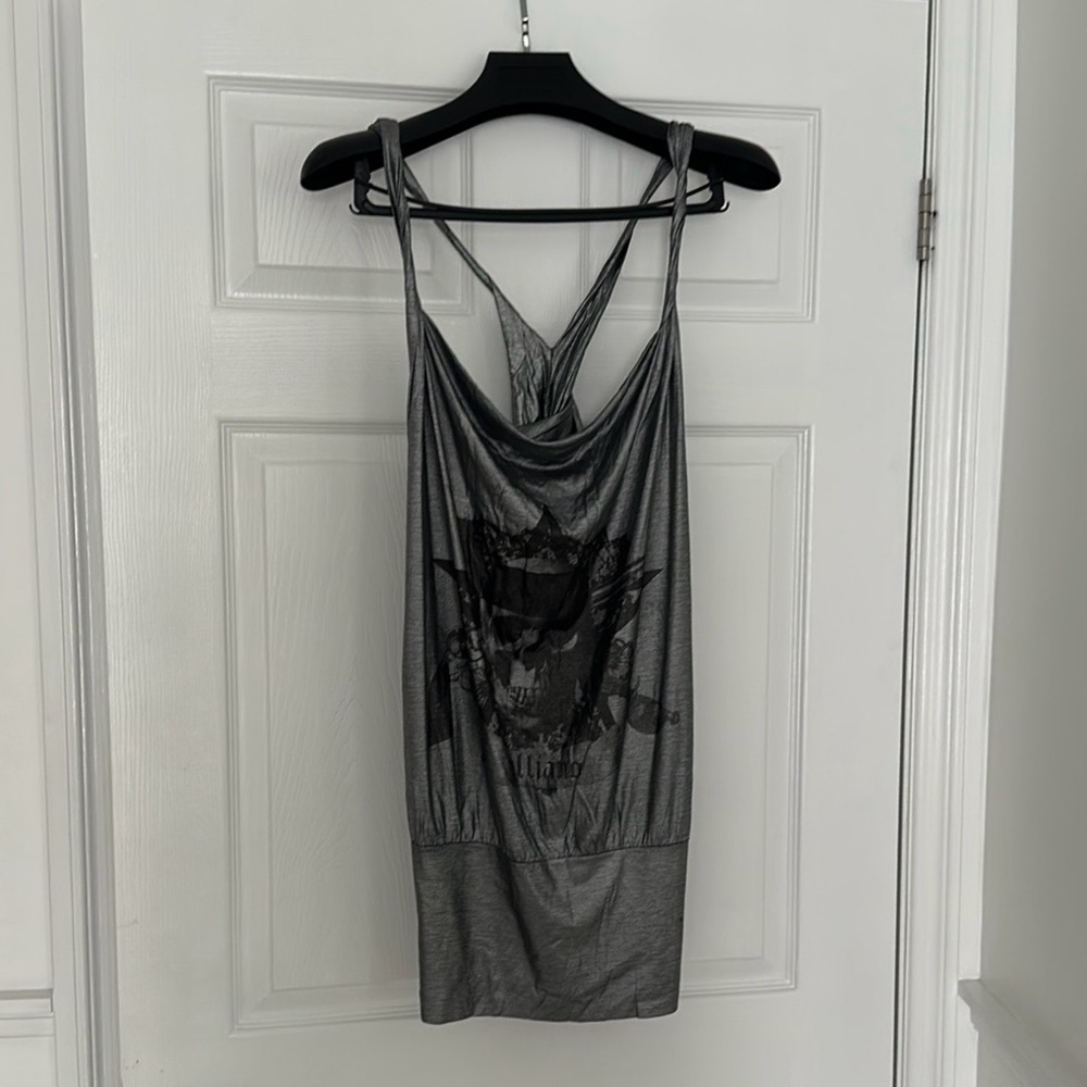 GALLIANO Silver Foil Draped Dress Top Shirt Vintage Galliano Size Med Y2K 2000s